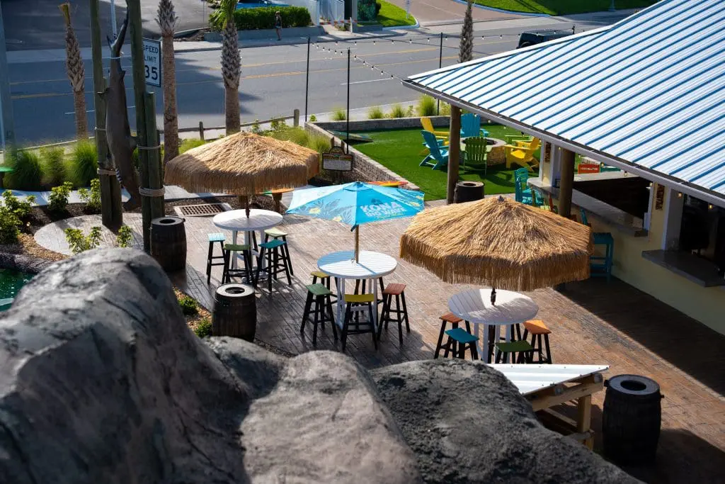 outside seating area with umbrellas
